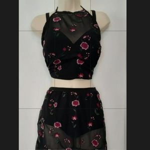 Plus Size Torrid 3 3x 22 24 Black Mesh Flower Pink Swimsuit Top Bottom Skirt EUC